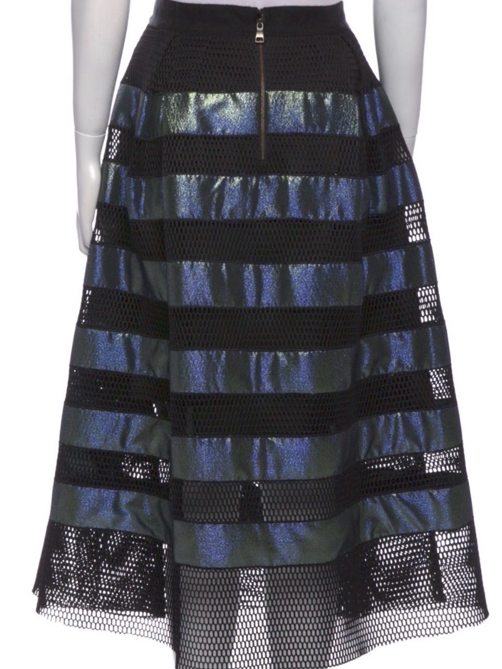 Sachin + Babi Noir sz 12 Black & Iridescent Blue A-Line Mesh Panel Midi Skirt - Picture 2 of 6